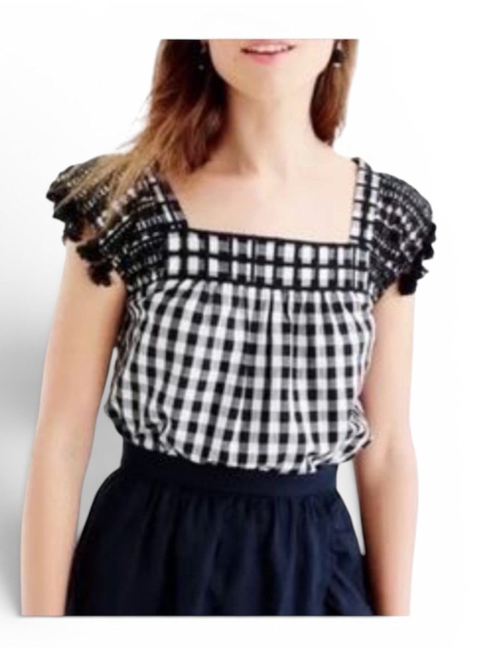 J. Crew Gingham Square-Neck Tank with Pom Poms